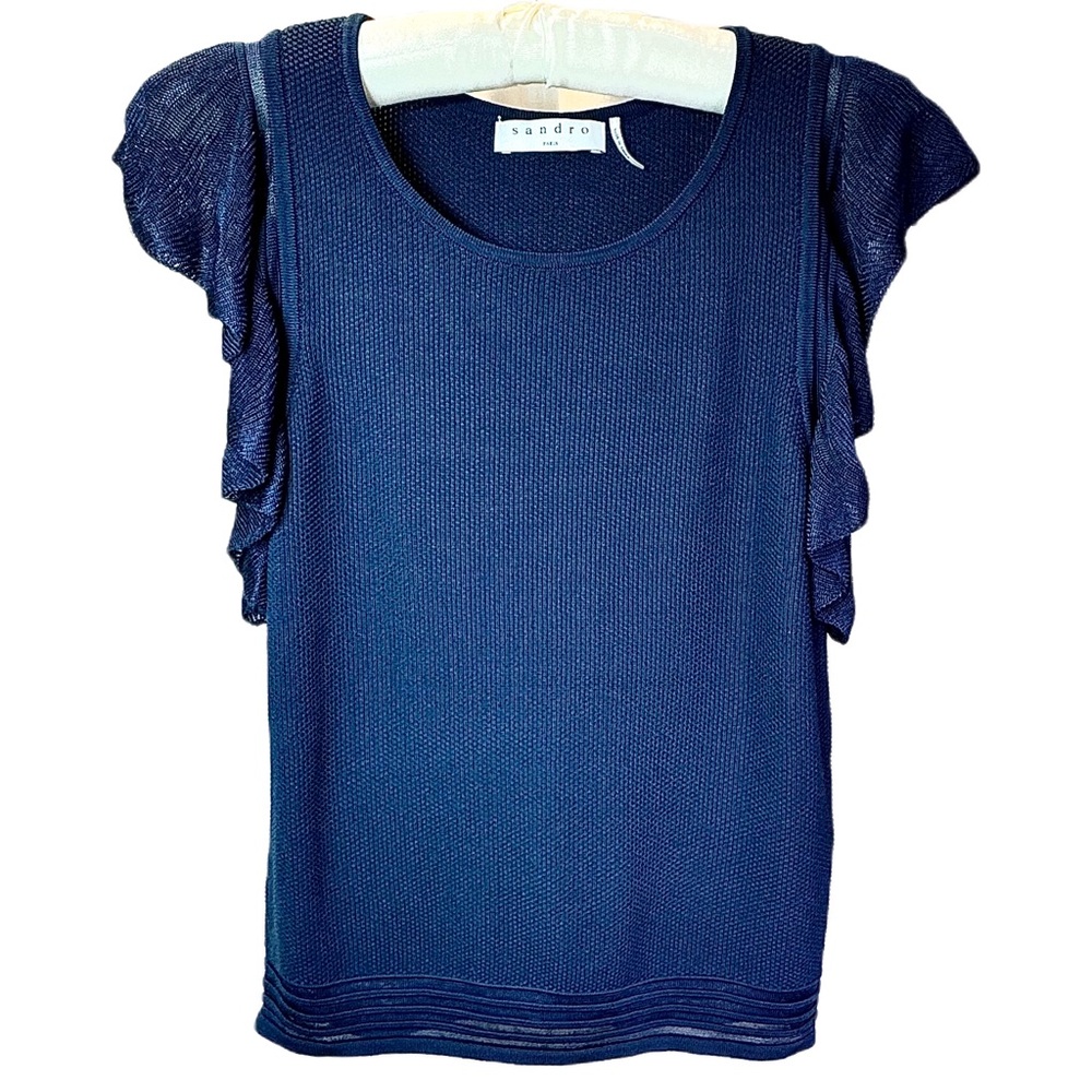 Sandro Paris Ruffled Short Sleeve Knit Top Petrol Blue Size 1 Elasticized Fabric